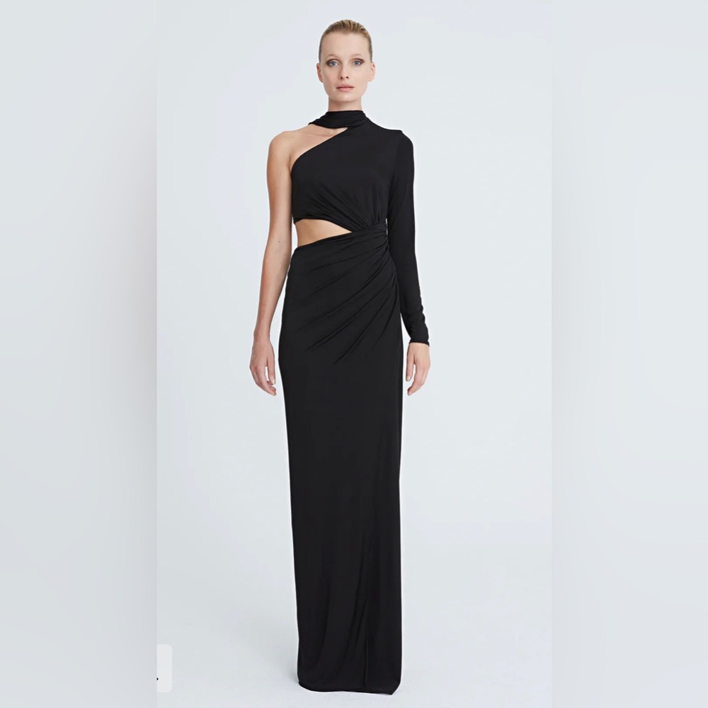Halston black evening gown - one shoulder with cut out